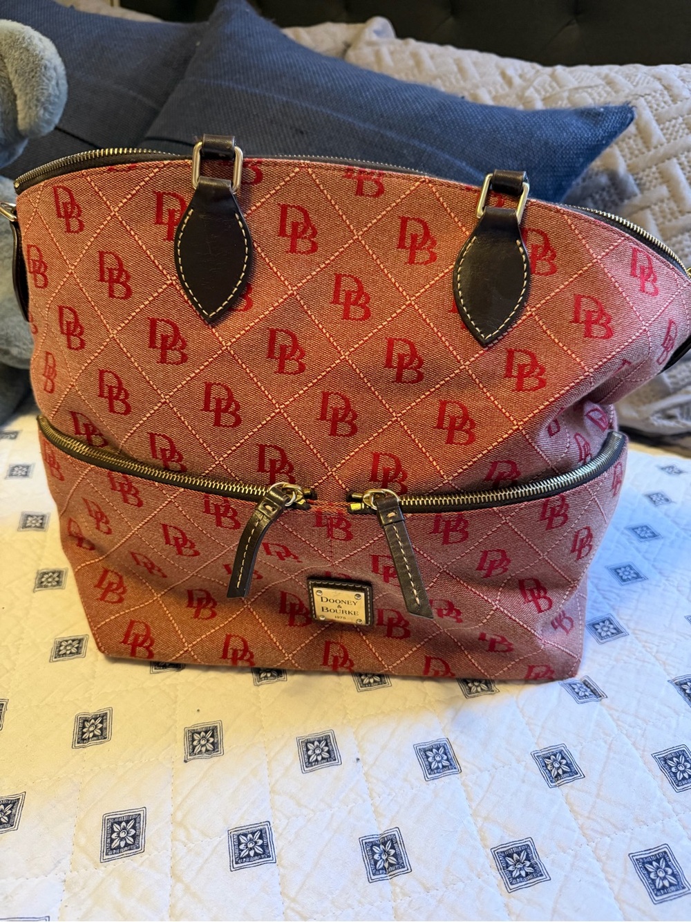 Dooney & Bourke Red and Tan Logo Quilted Tote